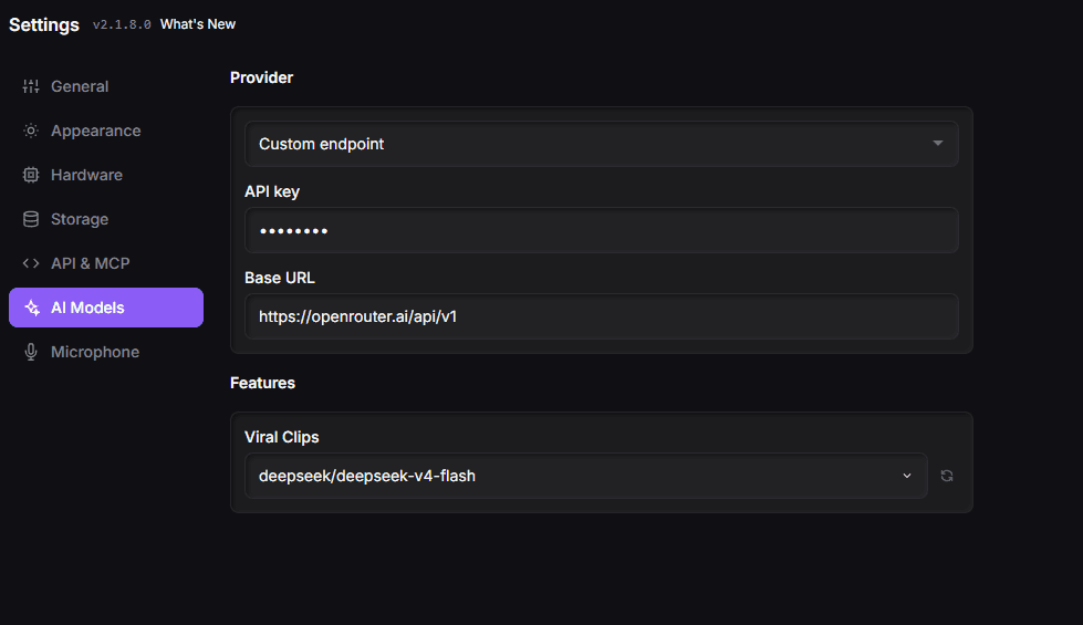 The AI Models tab in desktop Settings, with a Provider dropdown, API key and Base URL fields, and a Features section for choosing the Viral Clips model