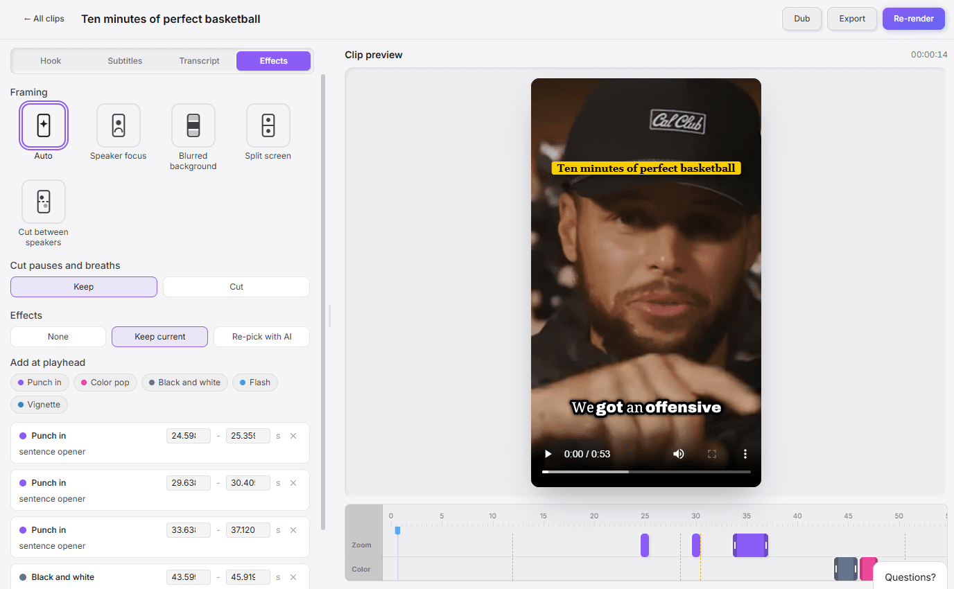The Effects tab in the clip editor, showing framing options, cut pauses and breaths, and effects such as Punch in, Color pop, Black and white, Flash, and Vignette on the timeline