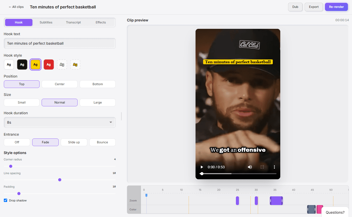 The Hook tab in the clip editor, with hook text, style presets, position, size, duration, entrance animation, and style option sliders next to a live preview
