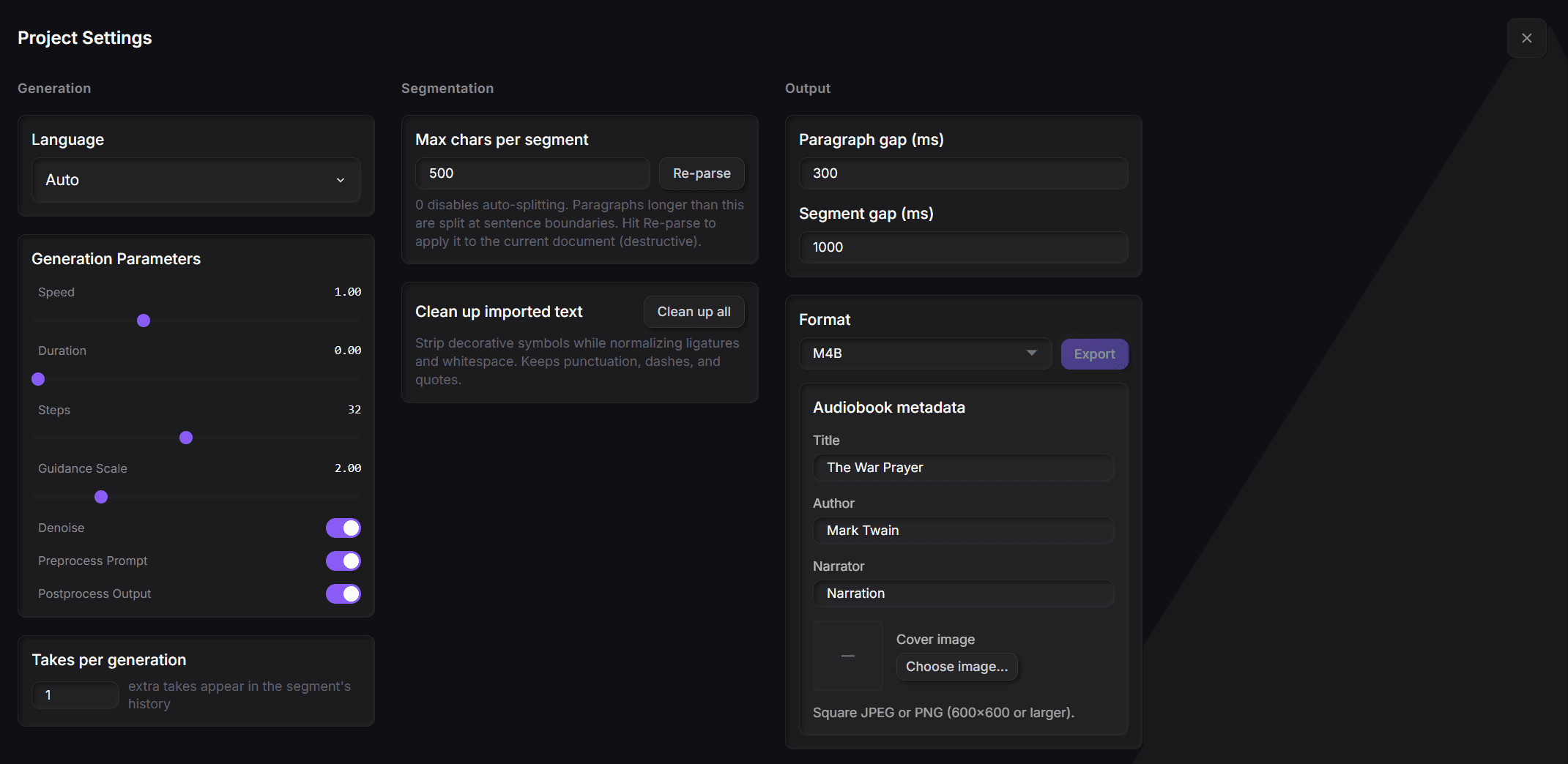 Audiobook Settings showing the paragraph gap and segment gap controls