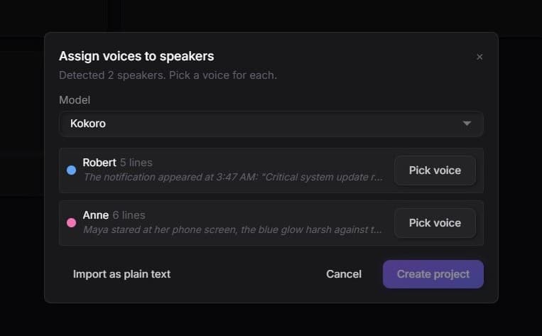 The Assign voices to speakers dialog, showing two detected speakers each with a line count and a Pick voice button