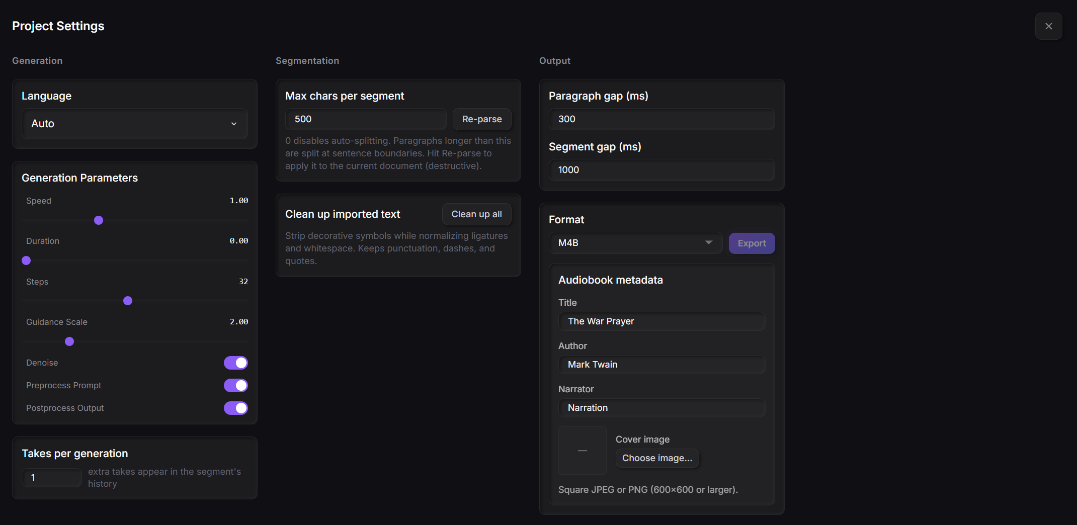 Audiobook settings in Voice Creator Pro showing the paragraph gap and segment gap controls
