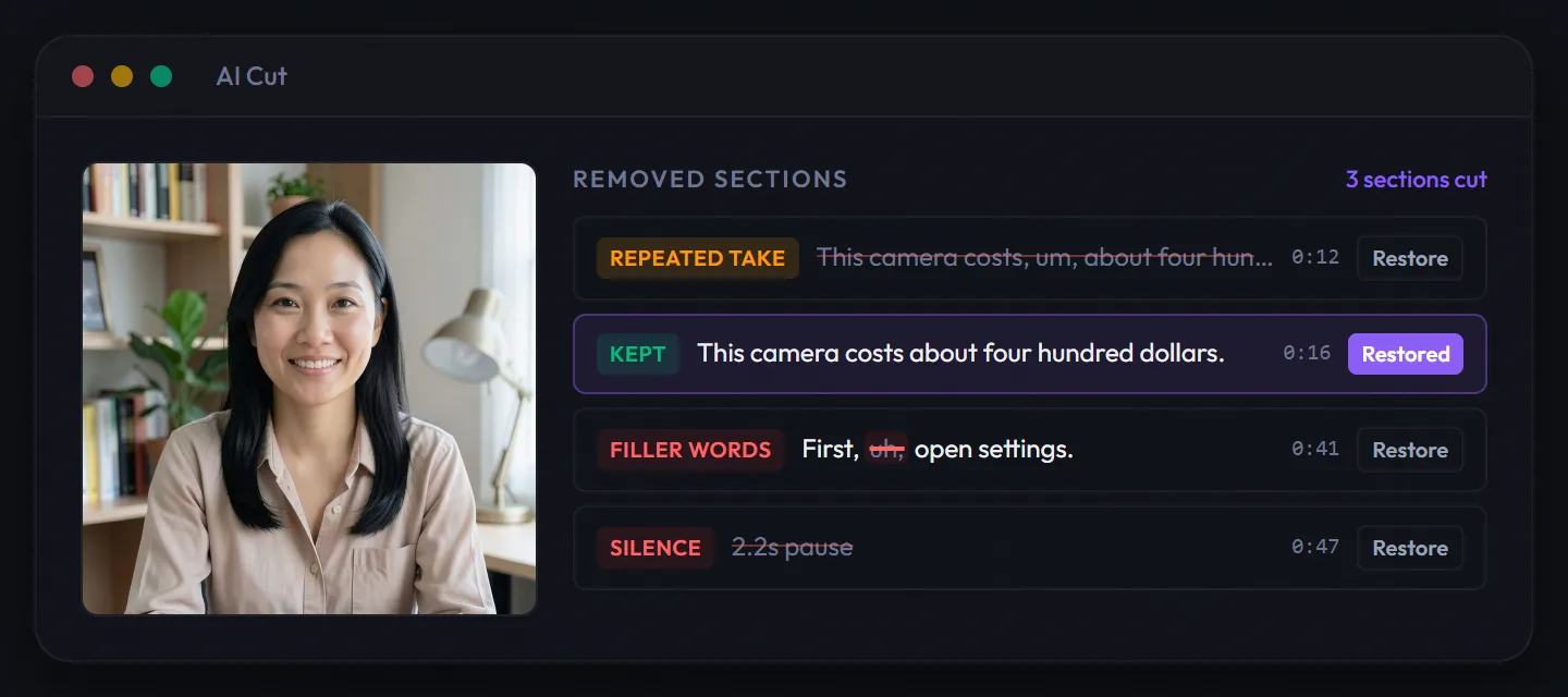 AI Cut's list of removed sections, each labelled as a repeated take, filler words or silence, with a Restore button on every row and one take restored