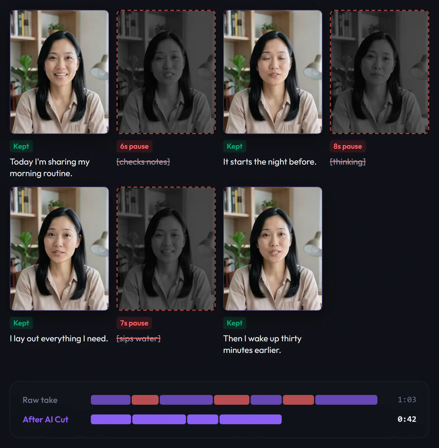 Frames from a raw take with the pauses greyed out and removed, and the take shortening from 1:03 to 0:42 after AI Cut