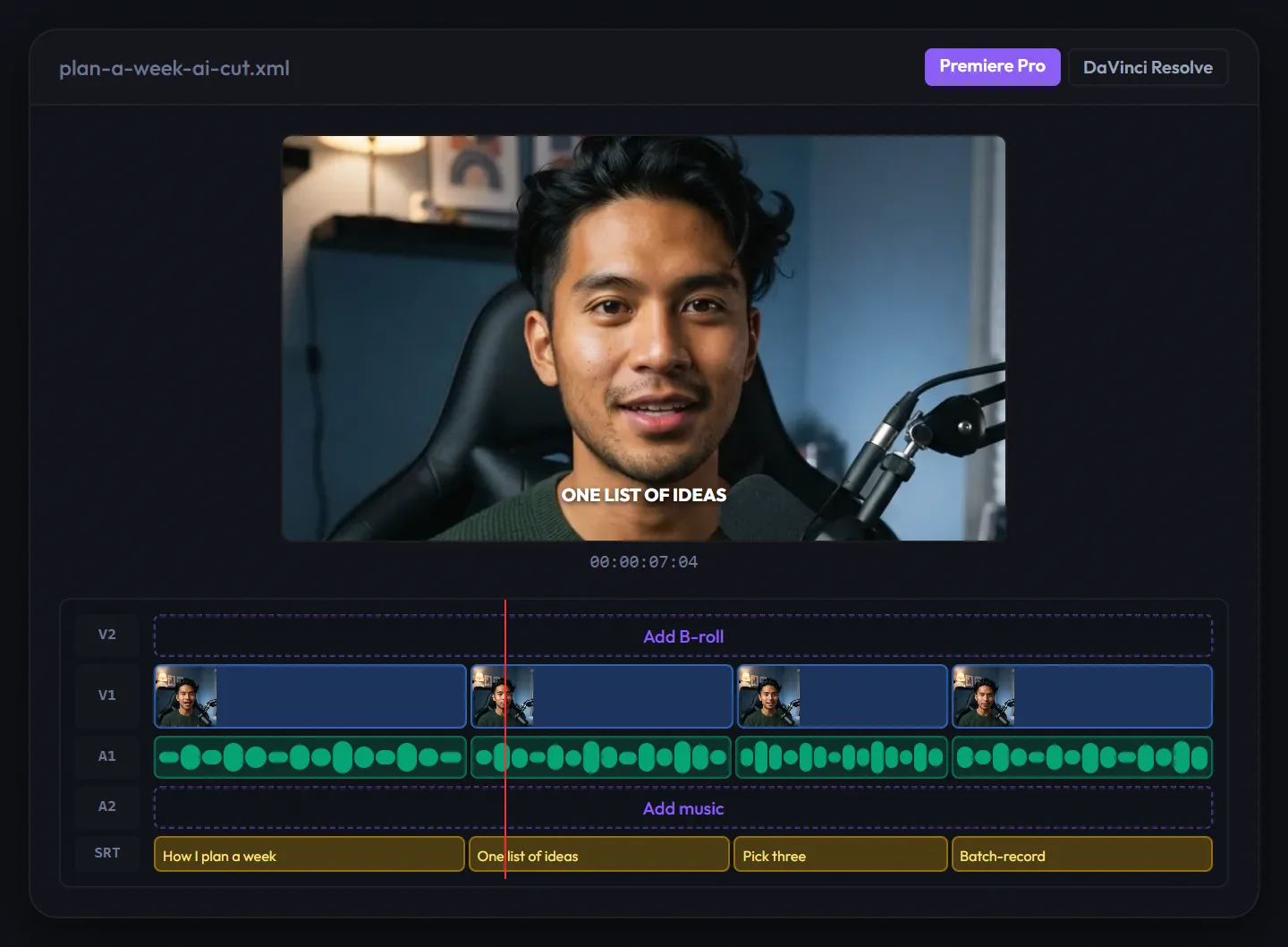 An AI Cut edit opened as a Premiere Pro timeline, with the kept clips on V1, their audio on A1, empty tracks for B-roll and music, and SRT captions